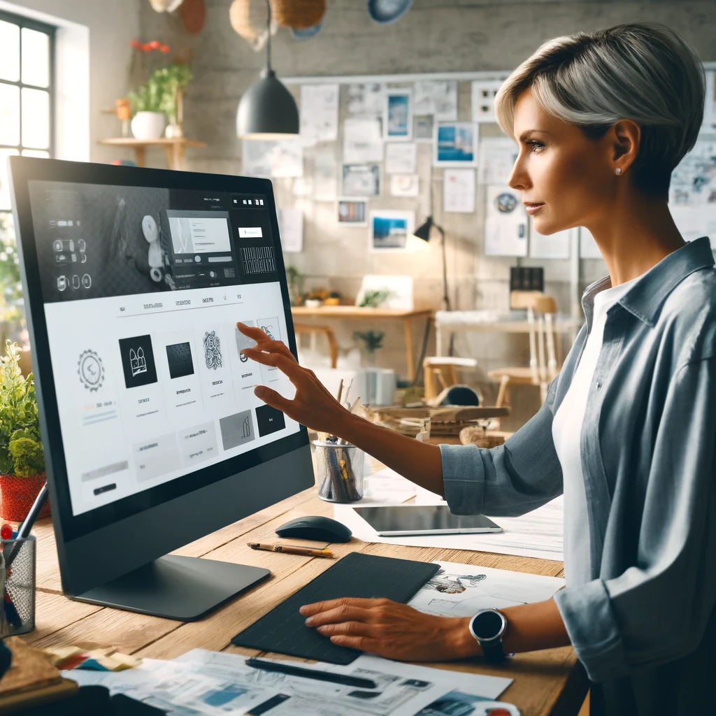 conceptrice digitale travaillant sur l'interface d'un site e-commerce, mettant l'accent sur un design élégant et convivial, dans un espace de travail moderne.