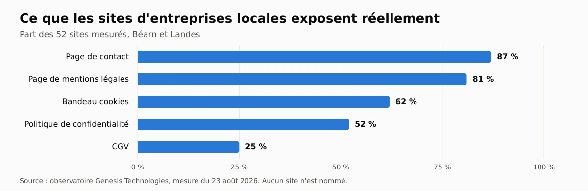 Sur 52 sites d'entreprises du Béarn et des Landes mesurés le 23 août 2026 : page de contact 87 %, page de mentions légales 81 %, bandeau cookies 62 %, politique de confidentialité 52 %, cgv 25 %.