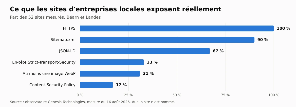 Sur 52 sites d'entreprises du Béarn et des Landes mesurés le 16 août 2026 : https 100 %, sitemap.xml 90 %, json-ld 67 %, en-tête strict-transport-security 33 %, au moins une image webp 31 %, content-security-policy 17 %.